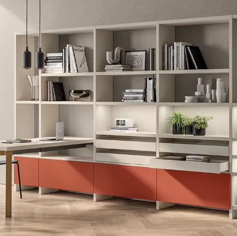 Libreria Living Motus sistema Fluida in laccato opaco di Scavolini