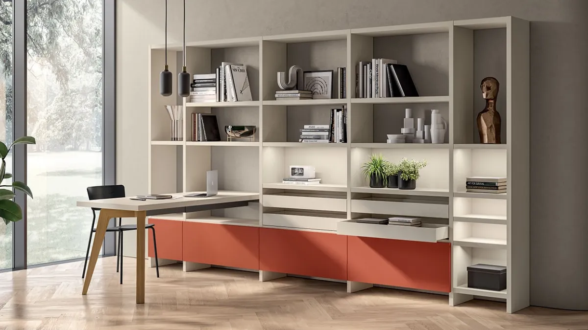 Libreria Living Motus sistema Fluida in laccato opaco di Scavolini