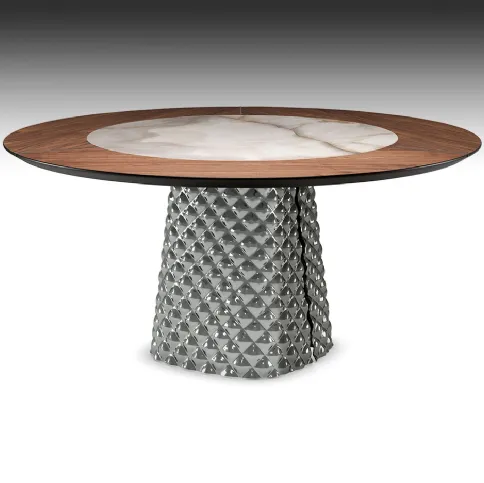 Tavolo con base in cristallo specchiato e piano in legno e ceramica Atrium Ker-Wood Round di Cattelan Italia