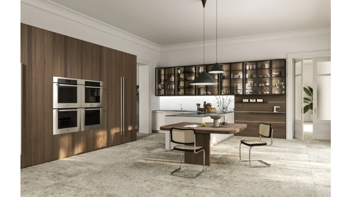 Cucina Design con penisola Opera 01 in legno e laccato di Snaidero