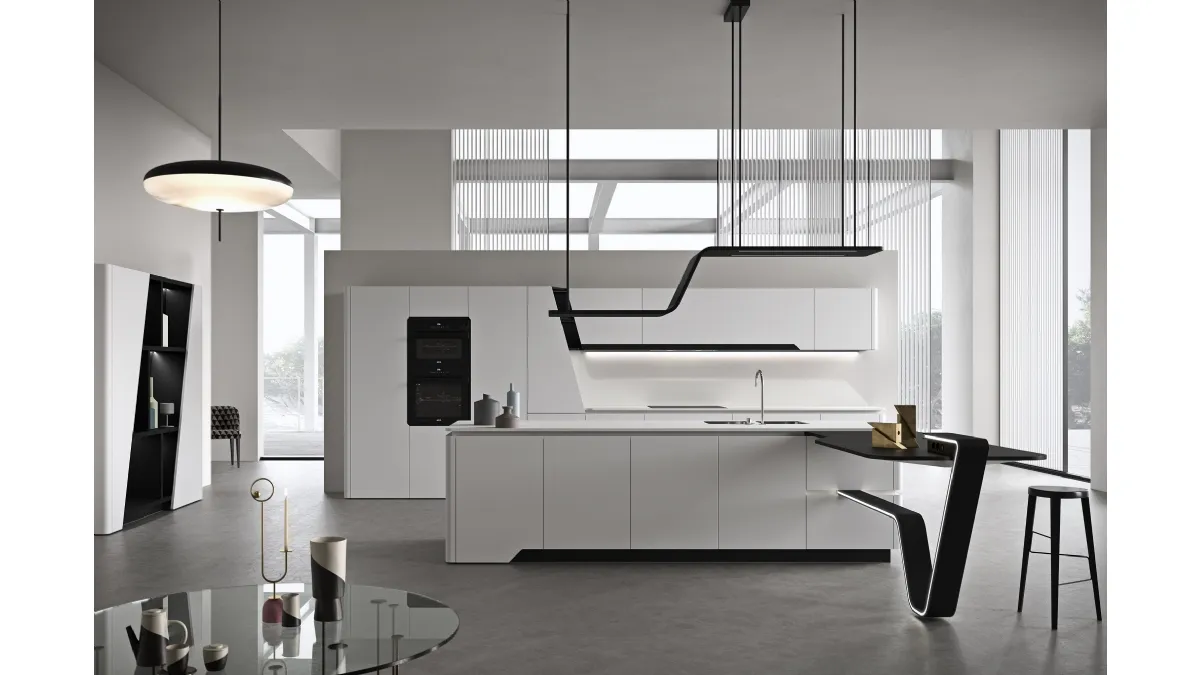 Cucina Design con isola dalla geometria perfetta in laccato opaco bianco Vision 01 di Snaidero