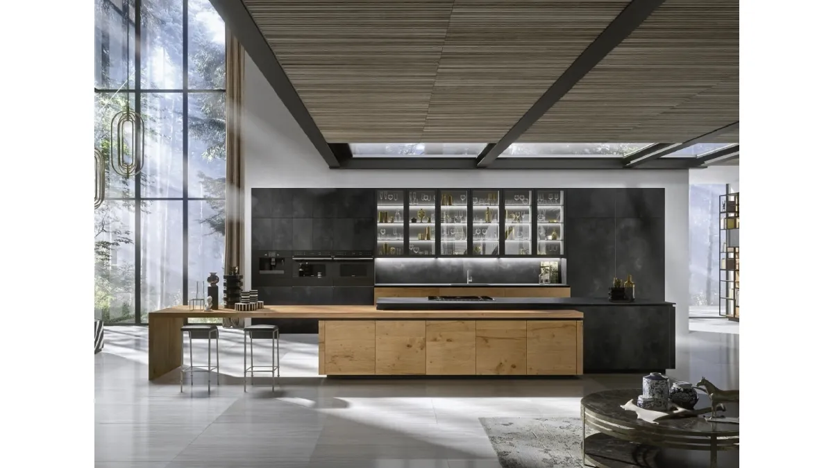 Cucina Design con isola Way Materia in gres Ossido Nero e Rovere di Snaidero