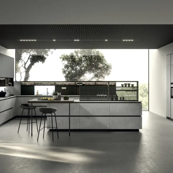 Cucina Design con isola Look Grigio Urbano e Rovere di Snaidero