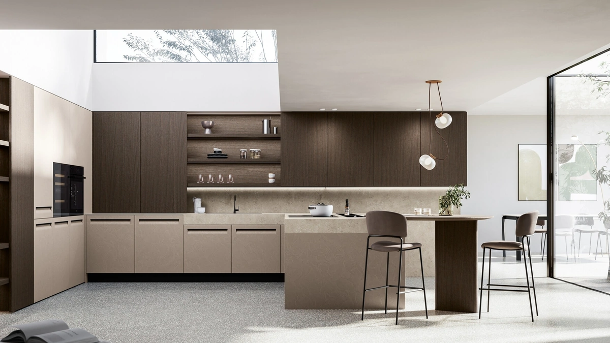 Cucina Moderna con penisola Tekna 02 in pet e noce di Arredo3