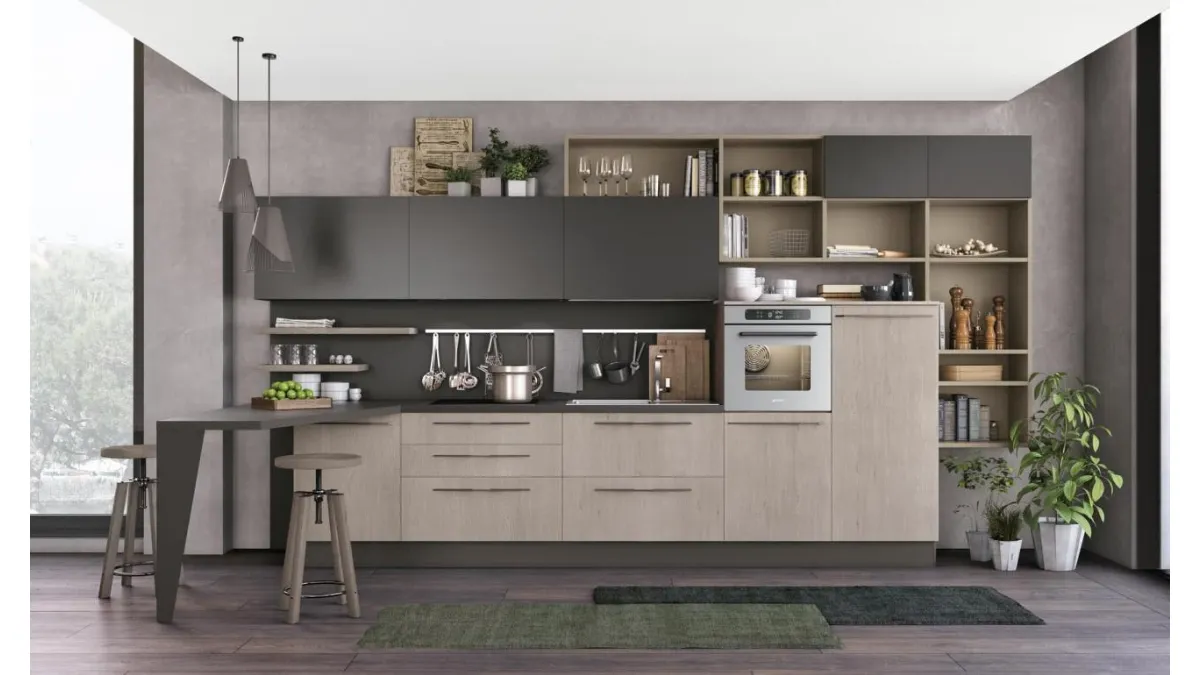 Cucina Moderna con penisola Clover 18 in Rovere e laccato di Lube