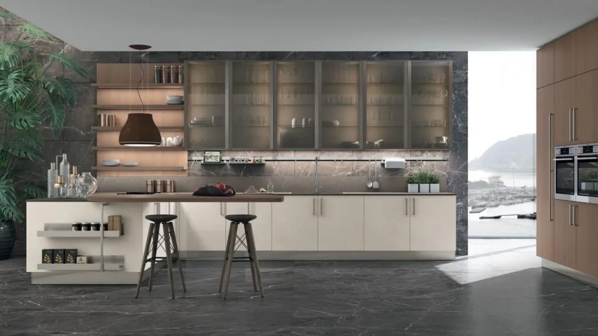 Cucina Moderna con penisola in laccato opaco e Rovere Clover 10 di Lube