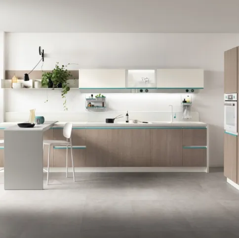 Cucina Moderna Dandy Plus Rovere Gessato e maniglia Blu Agave di Scavolini