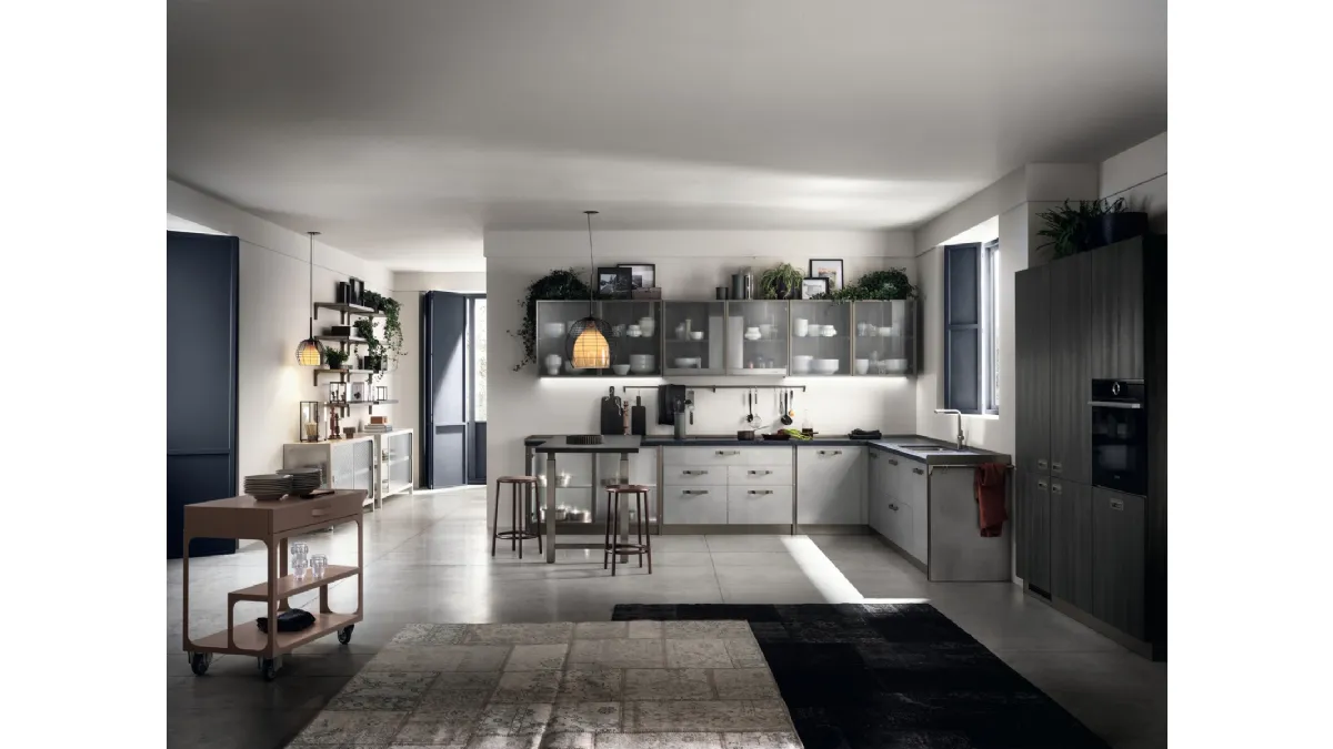 Cucina Moderna angolare con penisola Diesel get Together Industrial Showcases di Scavolini