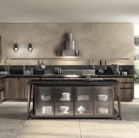 Cucina Moderna angolare con isola Diesel Open Workshop Noce Garden di Scavolini