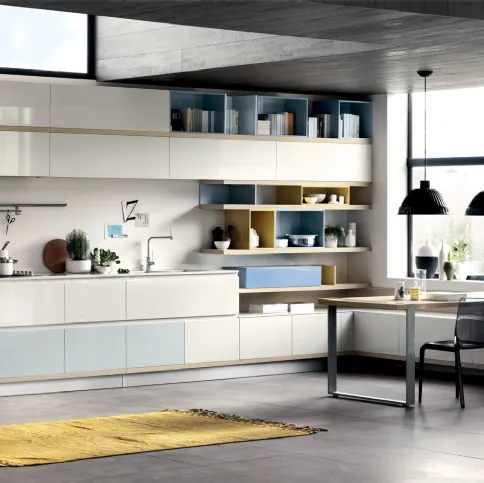 Cucina Moderna Foodshelf lucida Ghiaccio e Azzurro Laguna di Scavolini