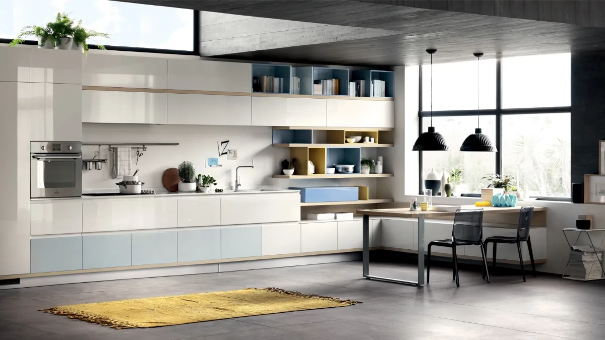 Cucina Moderna Foodshelf lucida Ghiaccio e Azzurro Laguna di Scavolini