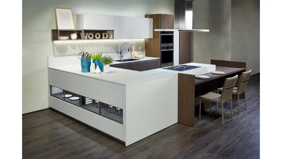 Cucina Moderna con penisola Immagina Wood 07 in laccato e Rovere di Lube