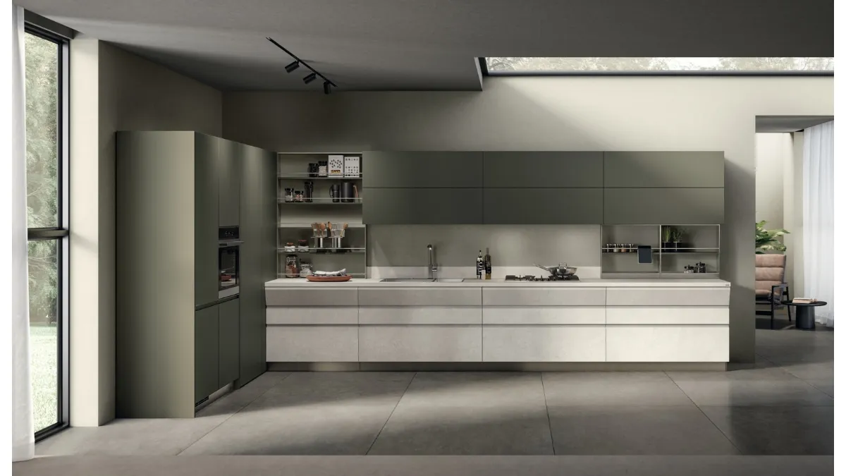 Cucina Moderna Motus in Pietra Solar e laccato opaco Verde Minerale di Scavolini