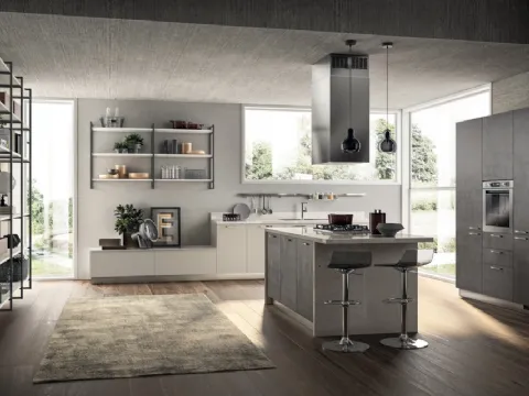 Cucina Moderna con isola Sax 06 in decorativo Concrete Dark e Nebbia di Scavolini