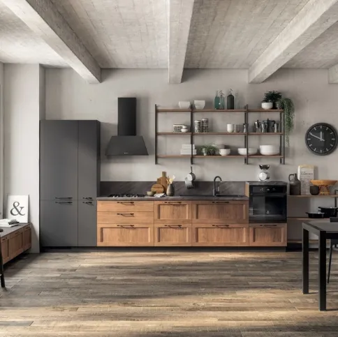 Cucina Moderna lineare Sax in decorativo Rovere Land e laccato opaco Grigio Ferro di Scavolini