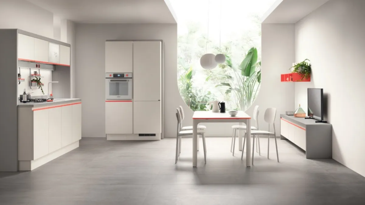 Cucina Moderna Dandy Plus Bianco puro e maniglia Rosso Corallo di Scavolini