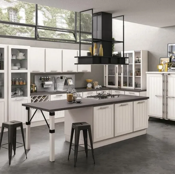 Cucina Shabby Chic angolare con penisola Baltimora in Frassino Bianco Scav066 di Scavolini