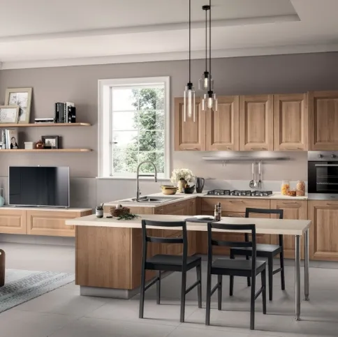 Cucina su misura con penisola Family decorativo Rovere Azteco di Scavolini