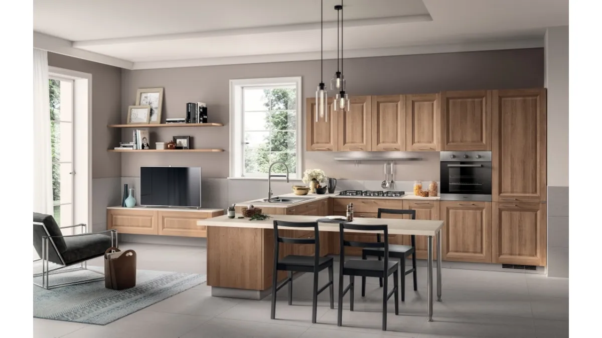 Cucina su misura con penisola Family decorativo Rovere Azteco di Scavolini