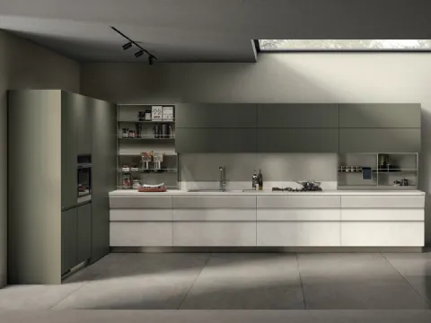 Cucina su misura Motus 05 in Pietra Solar e laccato opaco Verde Minerale di Scavolini